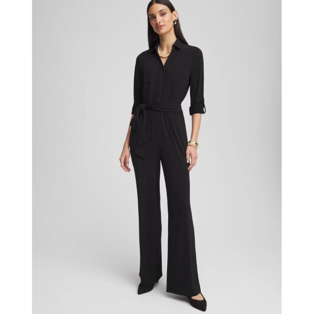 Chicos Belted Jersey Maxi Jumpsuit Black Wide Leg Pockets 570381053 Womens 1 M